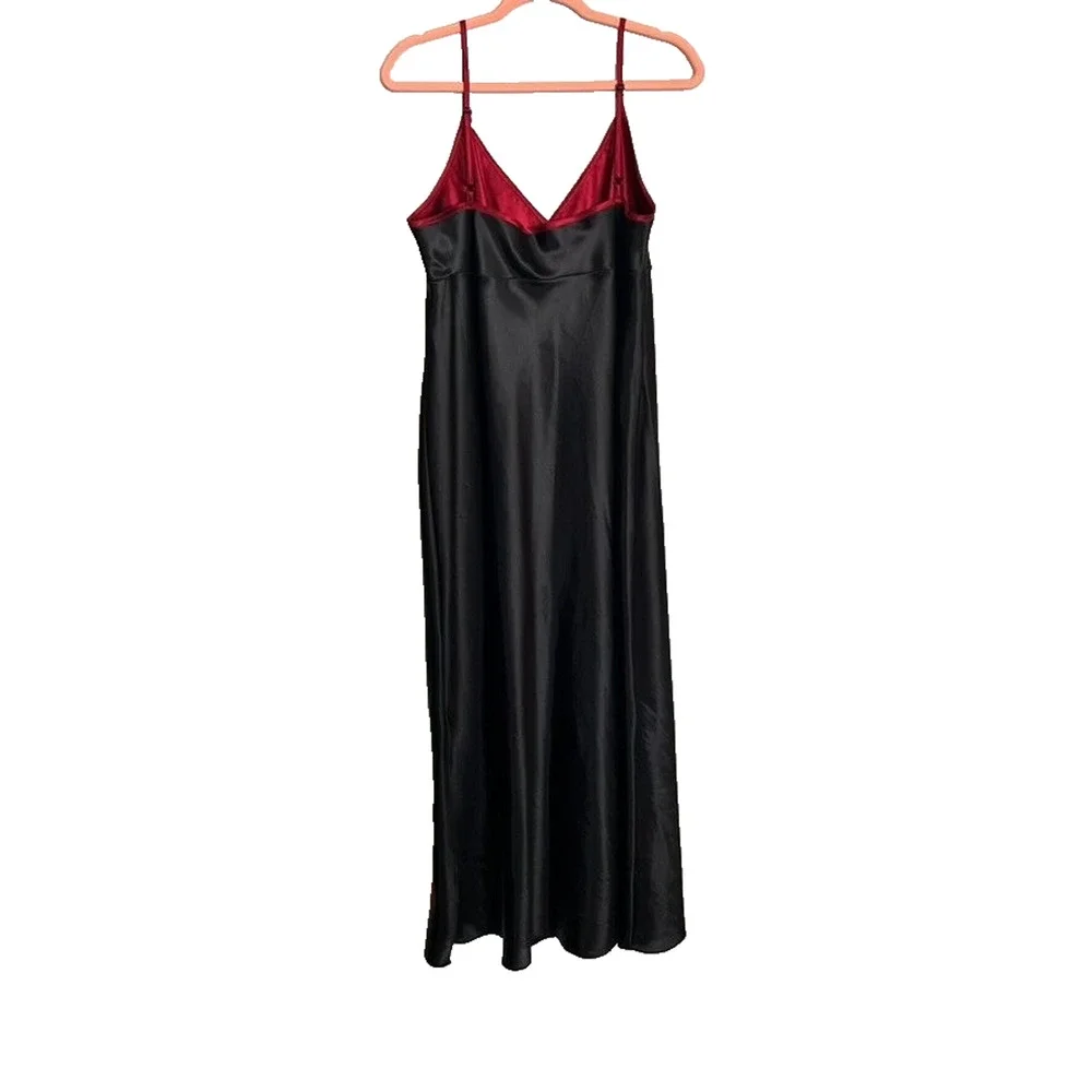Valerie Stevens Dress Women L Black Liquid Satin Full Slip Floral Embroidery Vtg